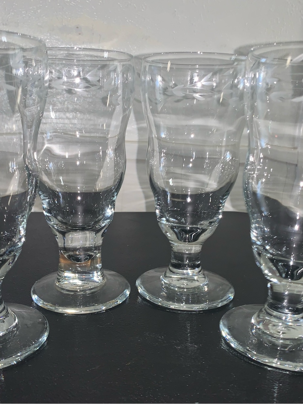 Princess House Clear Footed Ice Tea Glasses Etched Floral Leaf Design - Set of 4